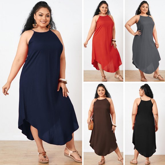 Womens Plus Size Spaghetti Strap Casual Solid Color Flowy Swing Dresses FZH