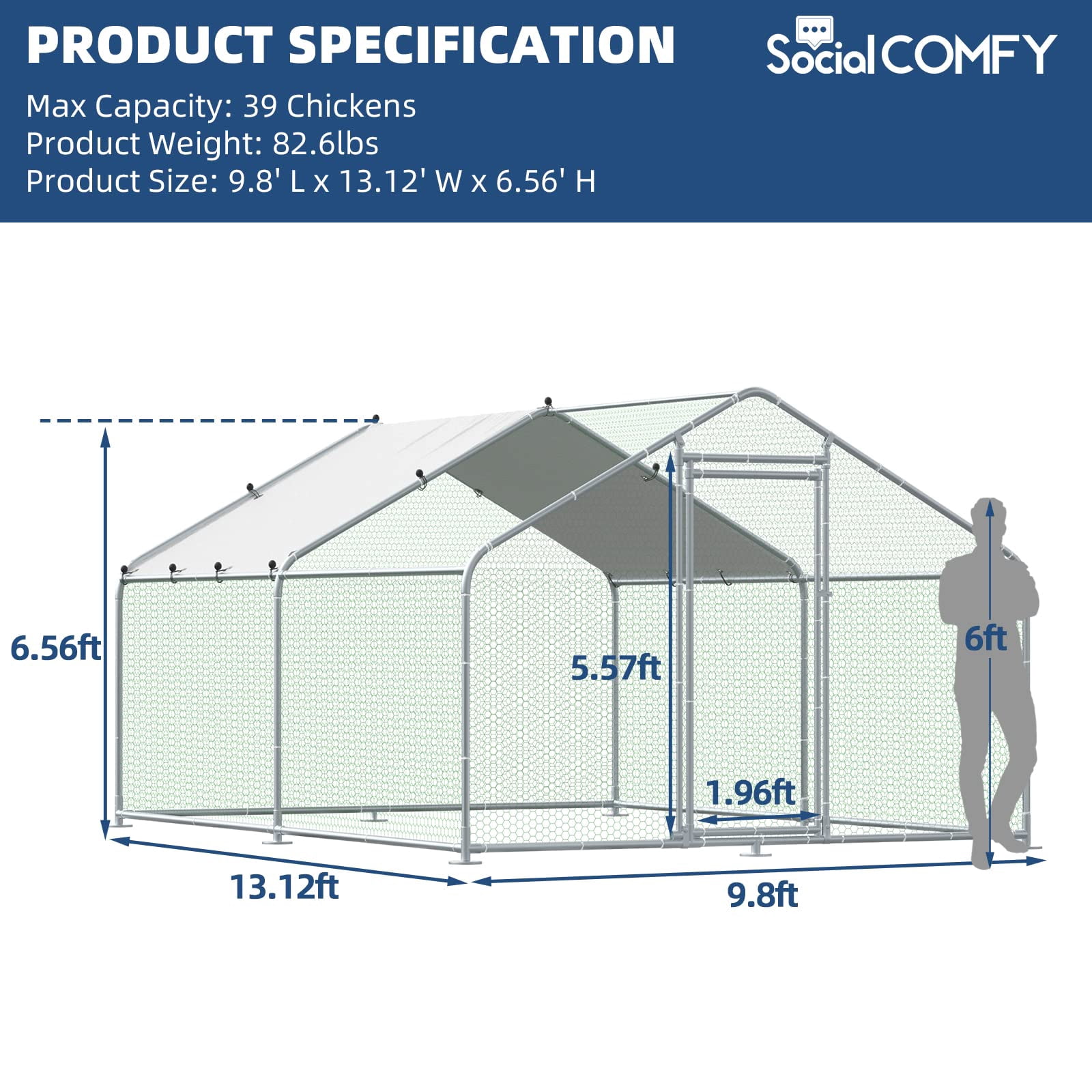 Outdoor Large Metal Chicken Coop Walk-in Poultry Cage Hen Run House Duck House Rabbits Habitat Cage Spire Shaped Coop with Waterproof and Anti-Ultraviolet Cover for Backyard Farm