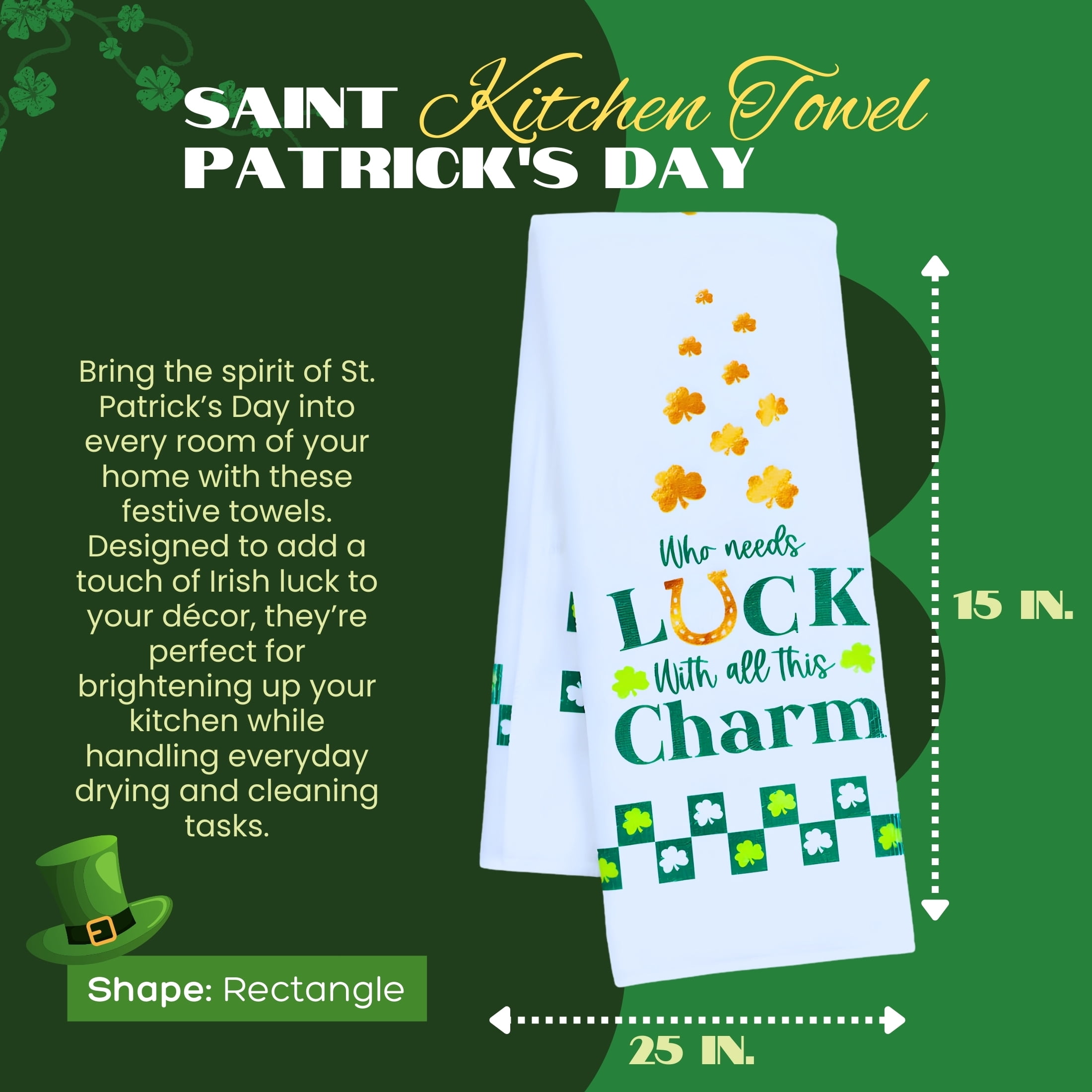 3-Pack St. Patrick’s Day Kitchen Towel Set, 15 x 25 in Shamrock & Irish Luck Dish Towels Reusable Absorbent Seasonal Home Décor Housewarming Gift