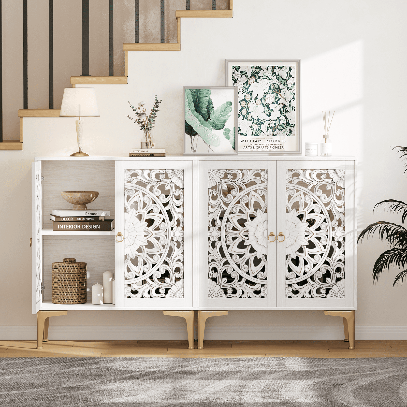 JOINICE Accent Storage Cabinet with Doors,Small Sideboard Buffet Cabinet,31.5" W,for Living Room,Entryway,Dining Room,Carved,White
