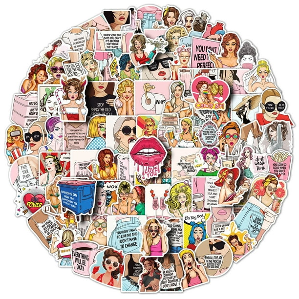 Paquete de pegatinas con frases feministas de pop art girl, impermeables, 100 unidades