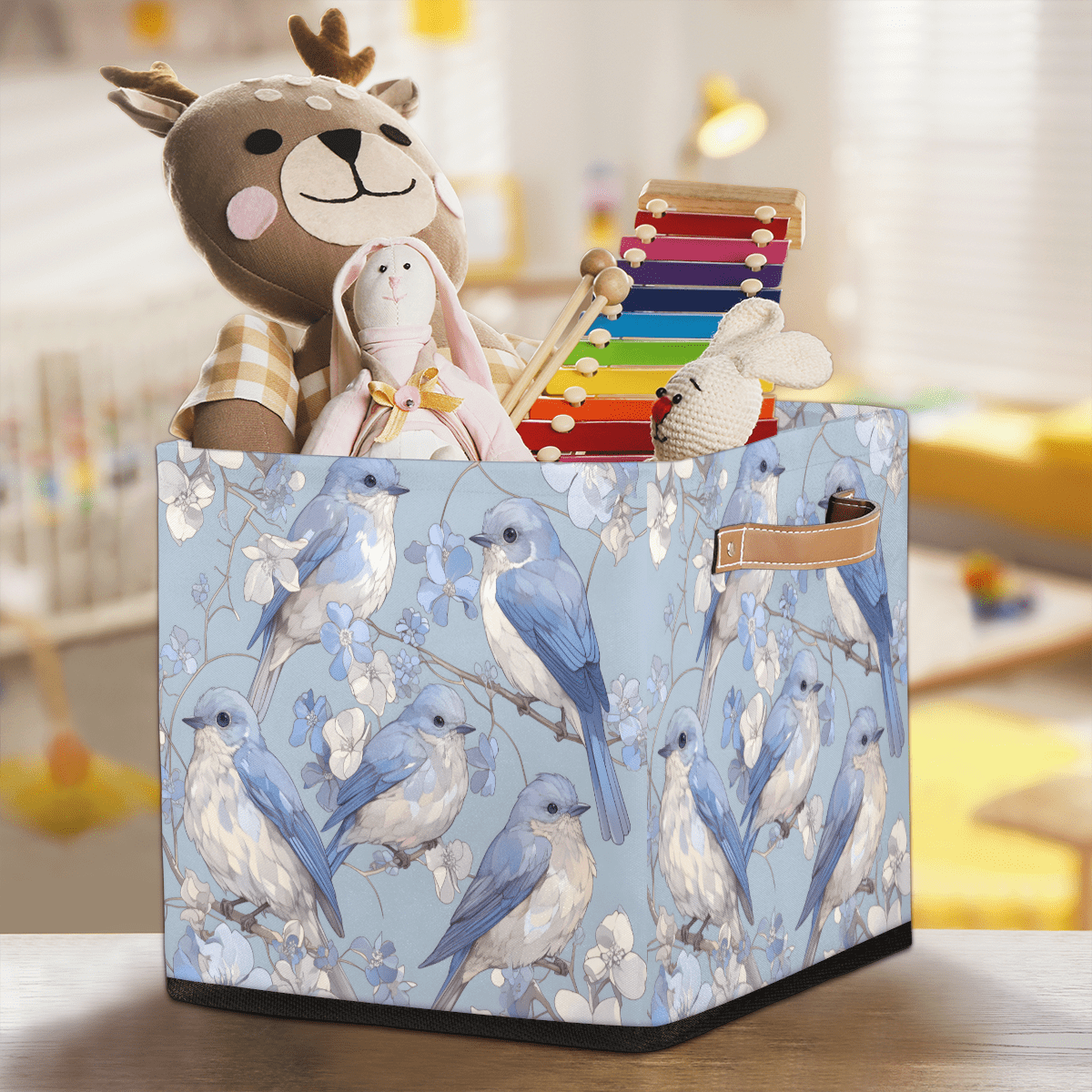 CURLYOOT Spring Summer Blue Birds Cube Storage Bin, 13 x 13 x 13 Storage Cube Bins for Organizing, Fabric Foldable Closet Baskets with Handles for Closet, Shelves, Clothes