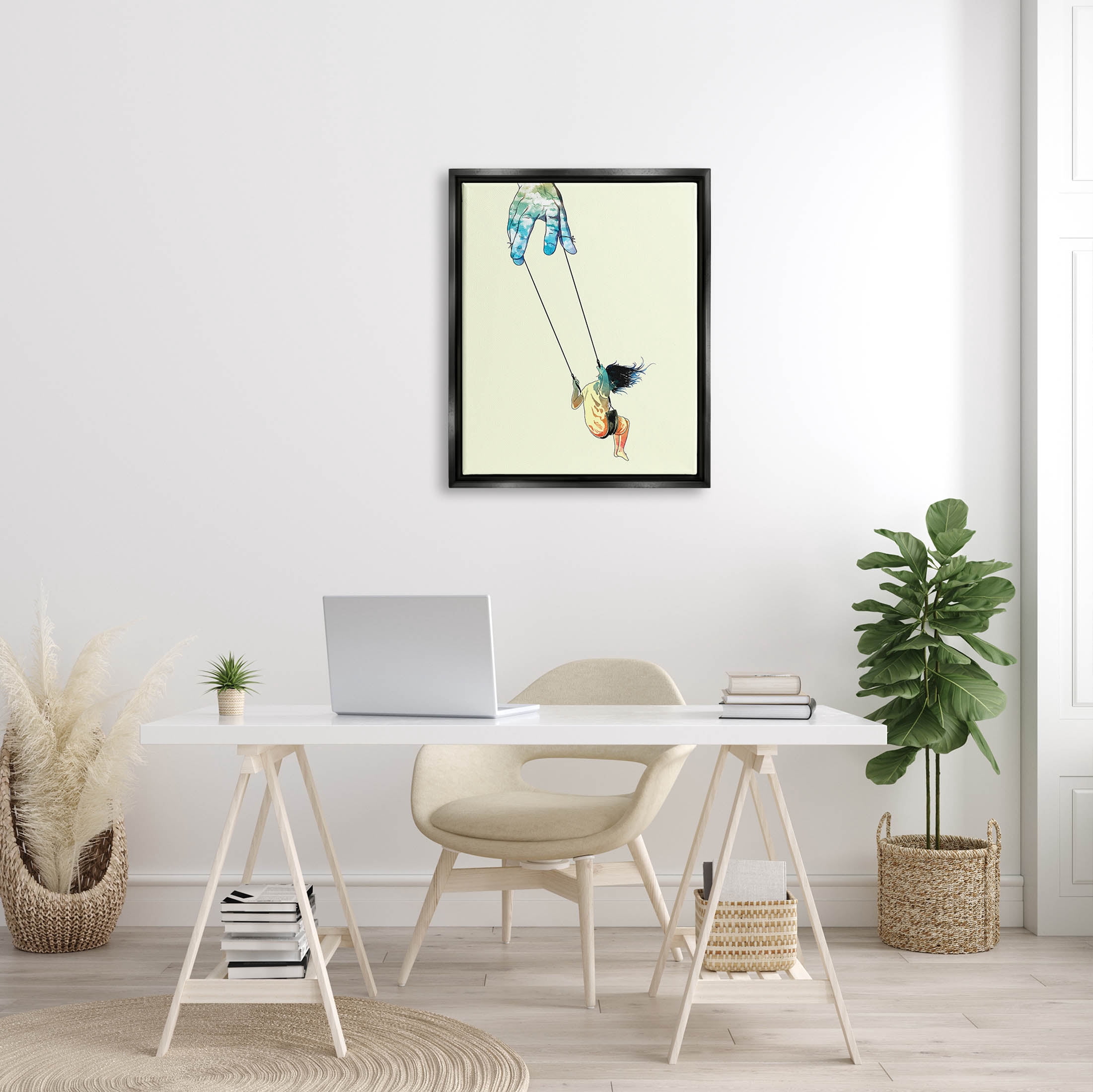 Stupell Industries Imaginative Marionette Girl On Swing Graphic Art Jet Black Floating Framed Canvas Print Wall Art, Design by Matheus Lopes Castro