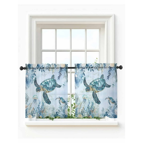 Blue Turtle Coastal Tier Curtains 24 Inch Length,Sheer Curtains for Bedroom Living Room Window,Eucalyptus Leaves Botanical Rod Pocket Voile Drapes Kitchen Curtains for Small Window 27.5"x24" 2 Panels