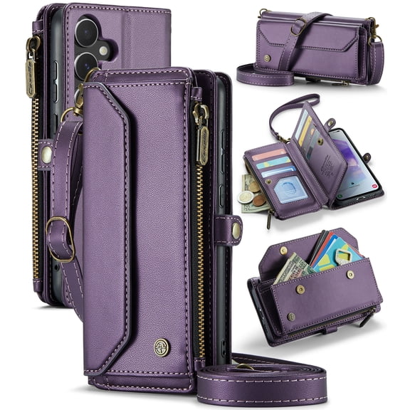 for Samsung Galaxy A55 5G Wallet Case with 10 Card Slots Zipper Pocket,PU Leather Magnetic Flip Folio Wristlet Shoulder Strap 3-in-1 Crossbody Phone Case Wallet for Women Men,Purple