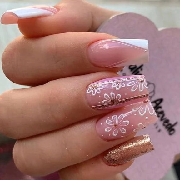 Red Coffin Press on Nails Medium Fake Nails Butterfly Glue on Nails French Tip Acrylic Nails Glitter Full Cover Nails Press ons Glossy Summer Manicure Decorations for Women 24 Pcs Red Gold Glitter-2