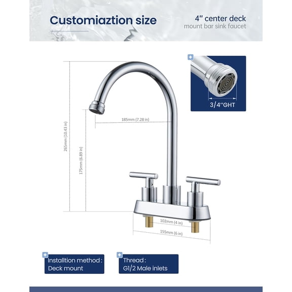 4 Inch Centerset Laundry Faucet, 2 or 3 Hole Deck Mount, Chrome Utility Sink Faucet with 360° Swivel Spout and 3/4'' Thread End Garden Hose Adapter