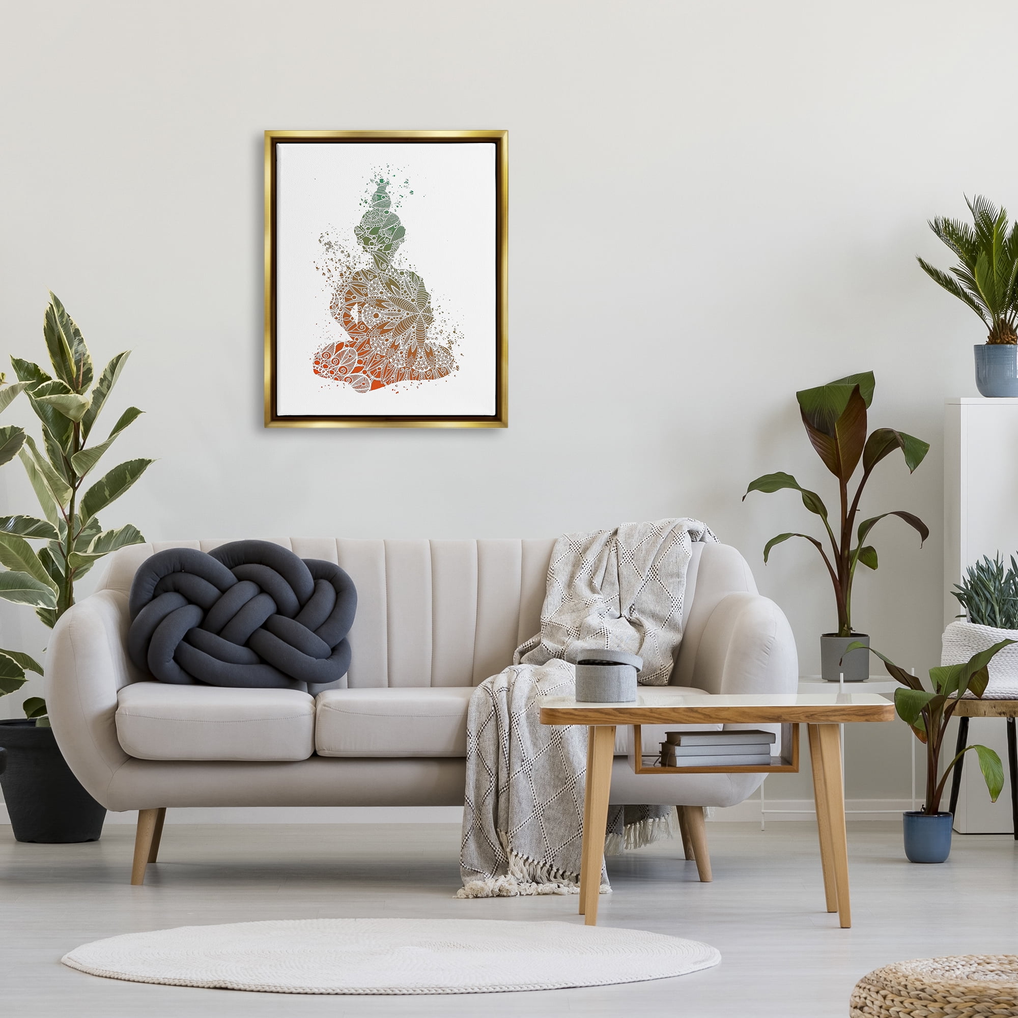 Stupell Industries Modern Floral Buddha Abstract Painting Gold Floater Framed Art Print Wall Art, 25 x 31