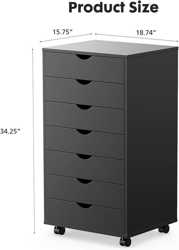 TINKLE WELL 7 Drawer Wooden Rolling File Cabinet, Mobile Compact Storage Dresser for Home Office Organization, Black
