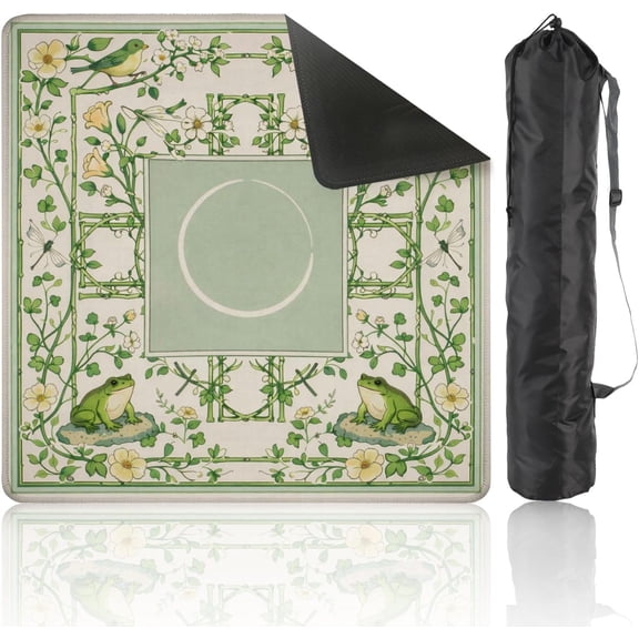 Mahjong Mat with Carrying Bag 31.5" x 31.5" Non-Slip Noise Reduction Green Bamboo Geometric Frames Minimalist Circle Design Table Mat for Mahjong Poker Dominoes Card Board Tile Games