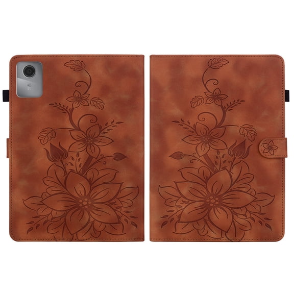 FJLBDE Case for Lenovo Tab Idea 11 / Lenovo Xiaoxin Pad 11 2025, Embossed Flower PU Leather Flip Wallet Folio Stand Cover, Brown