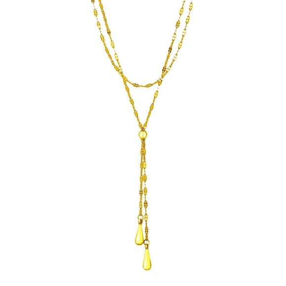 14k Yellow Gold Double Strand Chain Puffed Heart Lariat Necklace 17 in