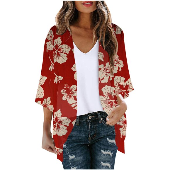 lcziwo 2024 T-Shirt à Manches Kimono pour Femme Cardigan Kimono à Manches Bouffantes à Imprimé Floral pour Femme Ample Couvre-Maillot Blouse Décontractée Hauts Rouge P