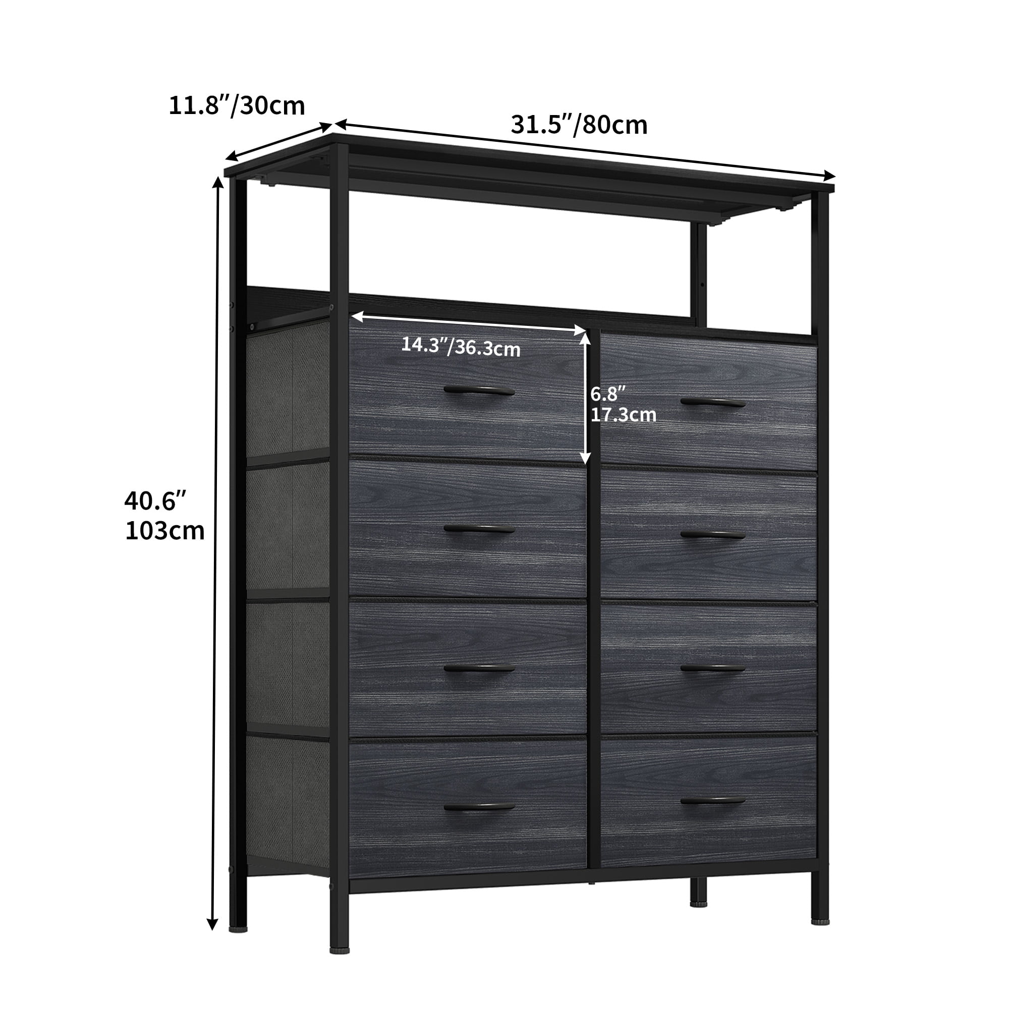 Uforic 8-Drawer Fabric Dresser with Shelves, Steel Frame, for Adults, Black