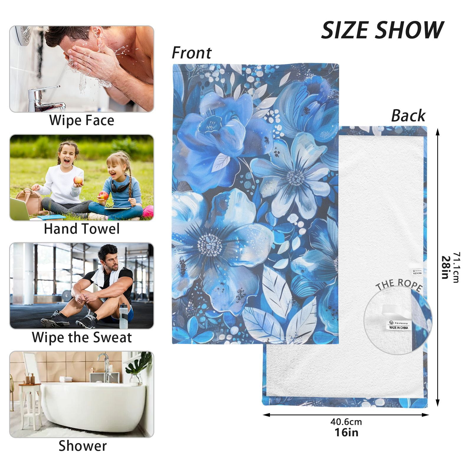 Blue Floral Flowers Hand Towels Cotton Bath Towels Large Face Towels Absorbent for Bathroom 2 Packs