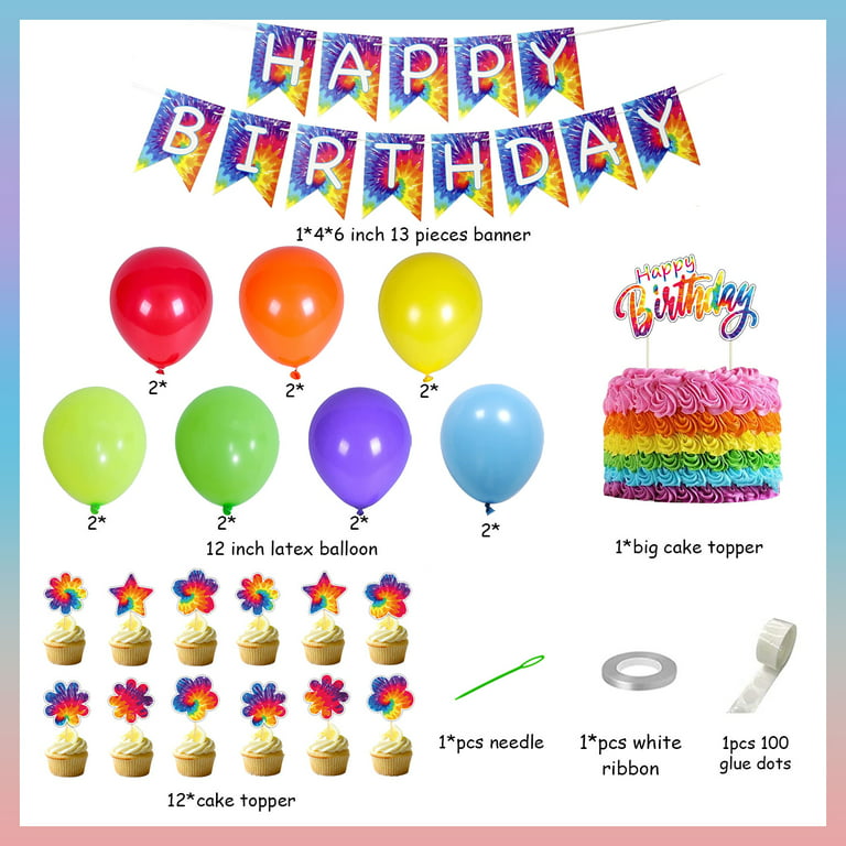 Tie Dye Birthday Party Decorations, Tie Dye Birthday Party Supplies,  Rainbow Birthday Party Decorations, Tie Dye Happy Party Decorations, Tie  Dye Balloons Banner Cupcake Topper 