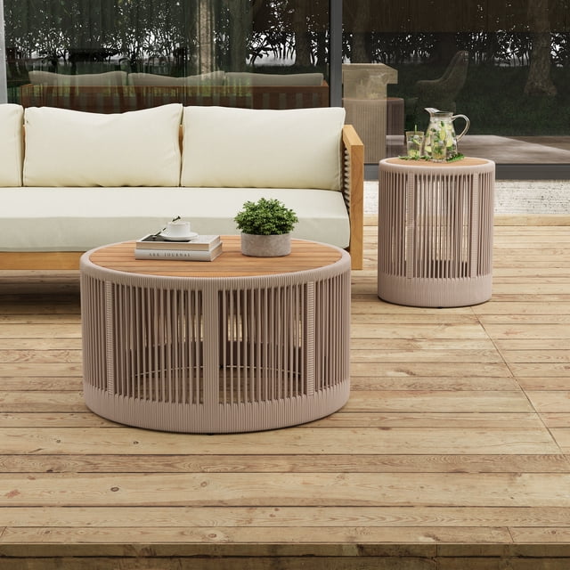 Noble House 2-Piece Outdoor Round Table Set for Patio,26" Coffee Table & 15" Side Table with Teak Look Acacia Wood & Beige Rope,Beige+Teak