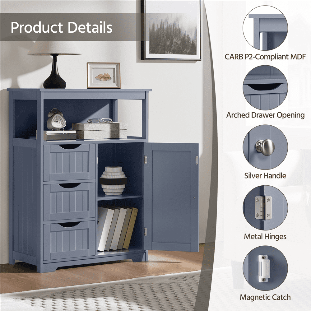 Alden Design 35.5" Height Bathroom Floor Cabinet with 1 Door and 3 Drawers, Gray
