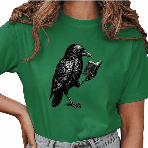 Giffimy Women's Green Raven Sketch Reading Open Book Retro Graphic Short Sleeve T-Shirt Comfort Crewneck Top