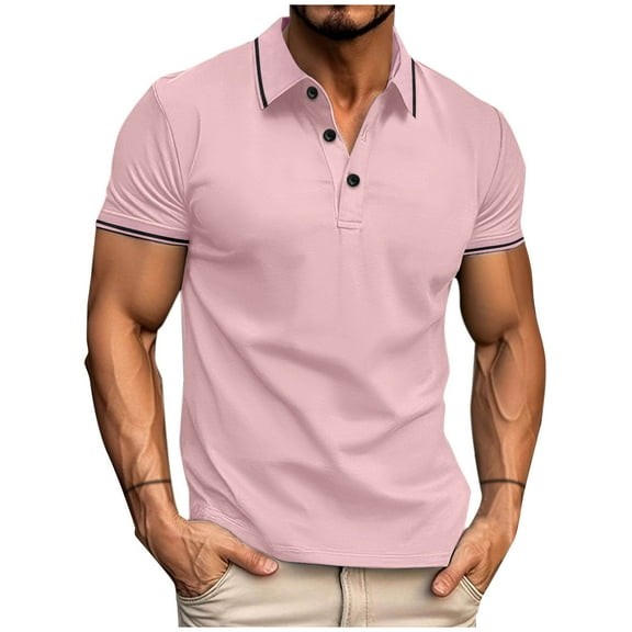 LODIENY Men's Casual Polo Shirts Short Sleeve Fashion Golf Shirt Classic Striped Slim Fit T-Shirts Lightweight Business Work Collared T Shirt Pink L