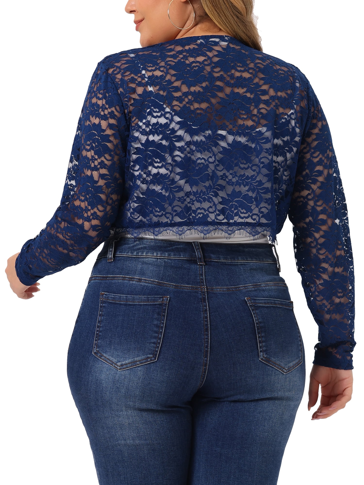 Unique Bargains Women's Plus Size Sheer Long Sleeve Open Front Cardigan Lace Shrug