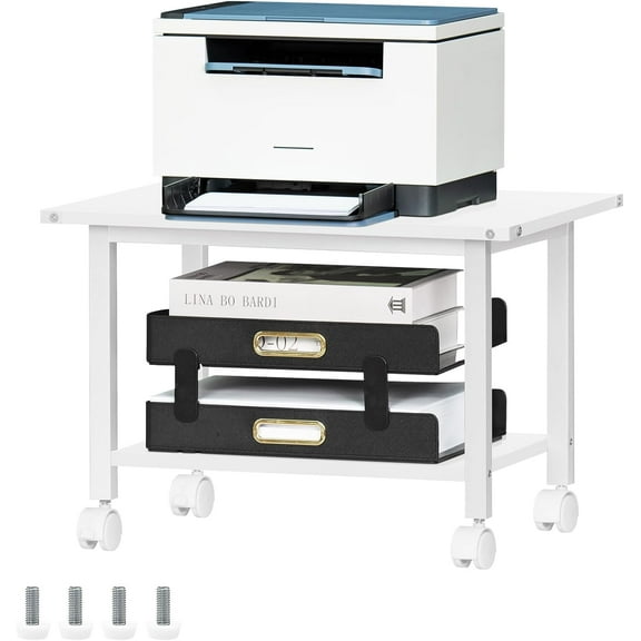 Under Desk Printer Stand, 2-Tier Industrial Mobile Printer Table with Storage Shelf and Steel Frame