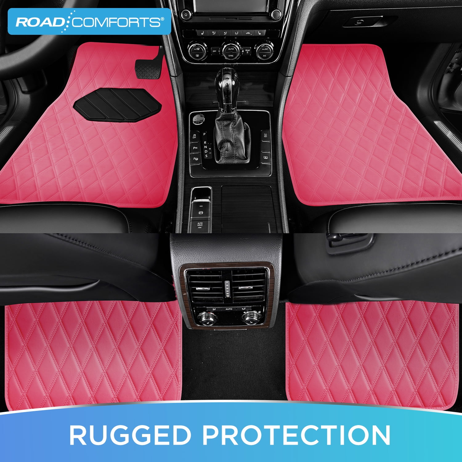 Road Comforts 4PC Leather Quilted Car Floor Mats, Stylish, Durable, Waterproof, Non-Slip, Full Coverage for Cars and SUVs Hot Pink