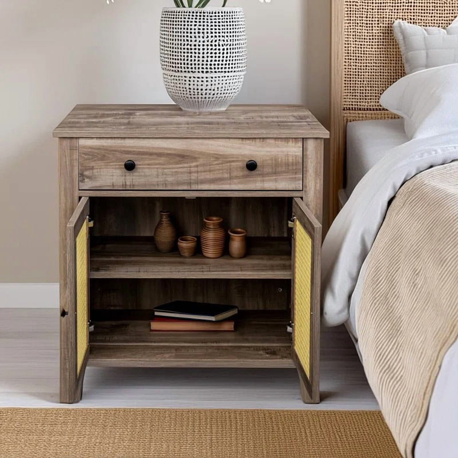 COMHOMA Rattan Cabinet, Mid Century Modern Cabinet with Rattan Decorated Door and Adjustable Shelf, Bedside Storage End Table with Drawer, Cabinet for Bedroom and Living Room,Drifted Grey
