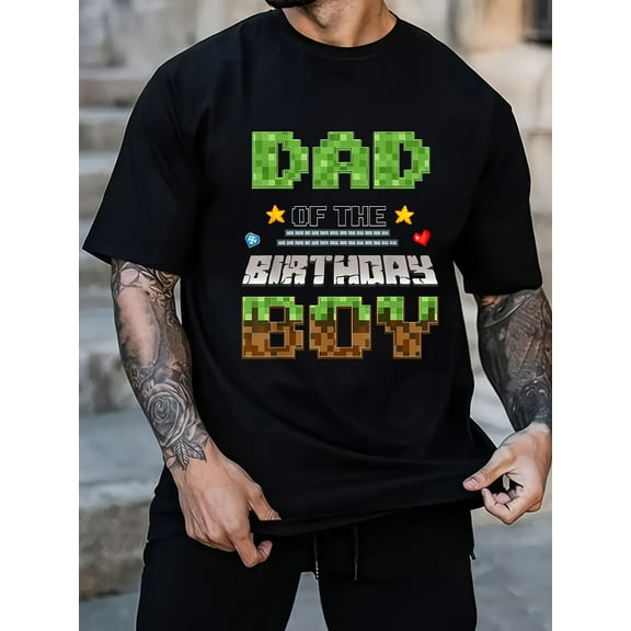 Dad of The Birthday Boy Video Gamer Pixel Birthday Party T-Shirt, 100% cotton 180g, black crew neck, S-XXXL size, Men, Women, Casual, Street, Comfort, Hobby, Party, Event, Gift, Easter, Fun, T-shirt