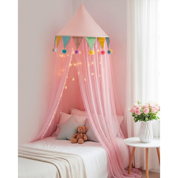 Princess Bed Canopy with Star Lights for Girls, Play Tent Canopy Bed Curtain Indoor Room Decor Stuff Gift for Kid Boys Bunk Twin Full Size Bed Reading Nook Hanging Dome Mosquito Net Pink
