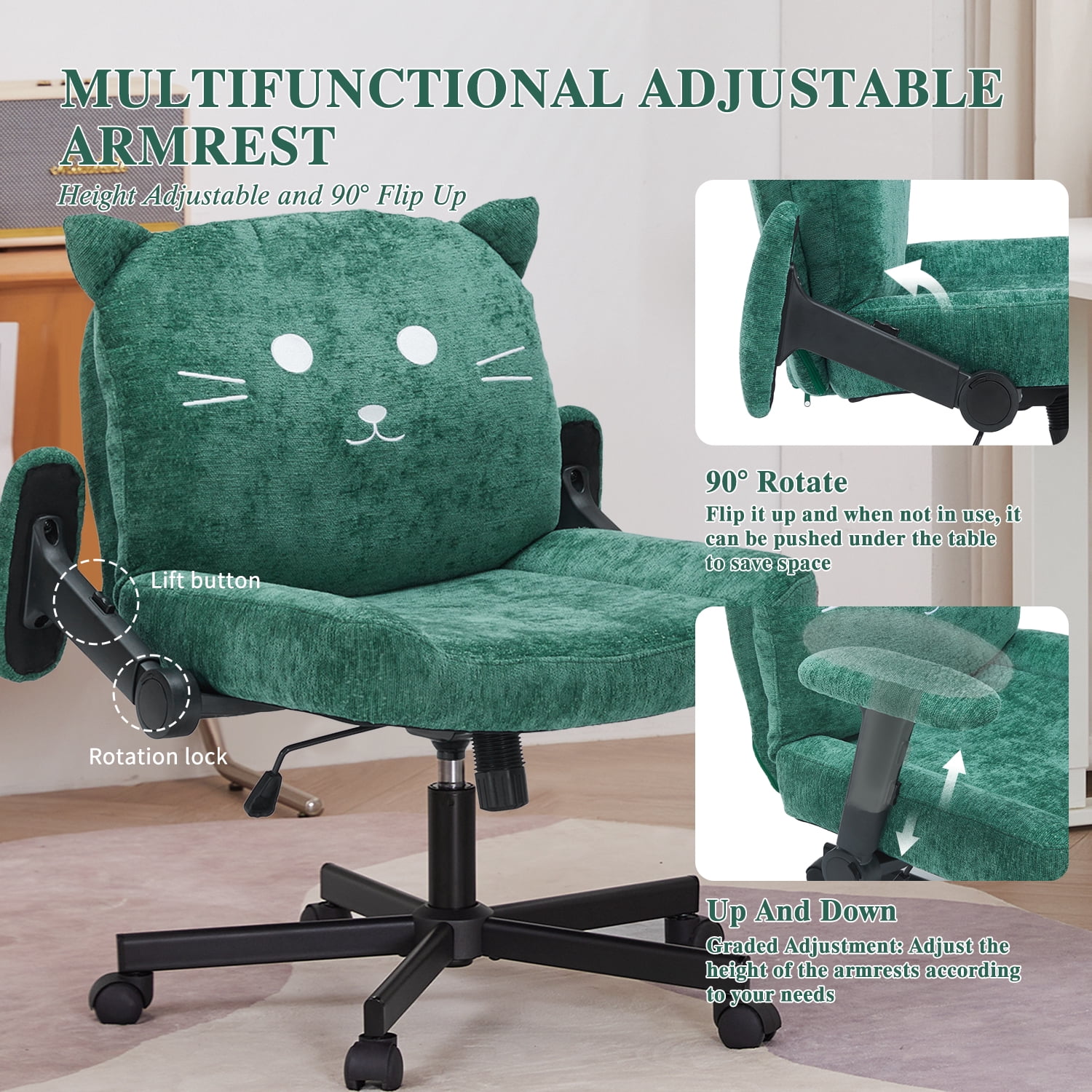 Criss Cross Legged Chair with Wheels and Flip-up Arms, Ergonomic Wide Seat Computer Desk Chair, Comfortable Home Office Computer Chair 300lbs
