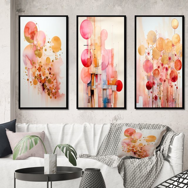 Designart "Circular Geometry Serendipity II" Modern Geometric Framed Wall Art Set Of 3 - Gold Abstract Frame Gallery Set For Office Decor
