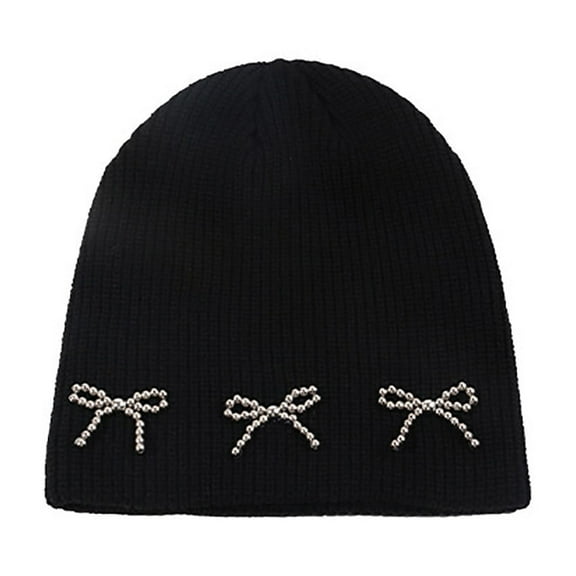 WREESH Women's Pearl Knitted Beanie Korean Fashion Versatile Ear Protection Wool Hat, Winter Warm Baotou Hat Black