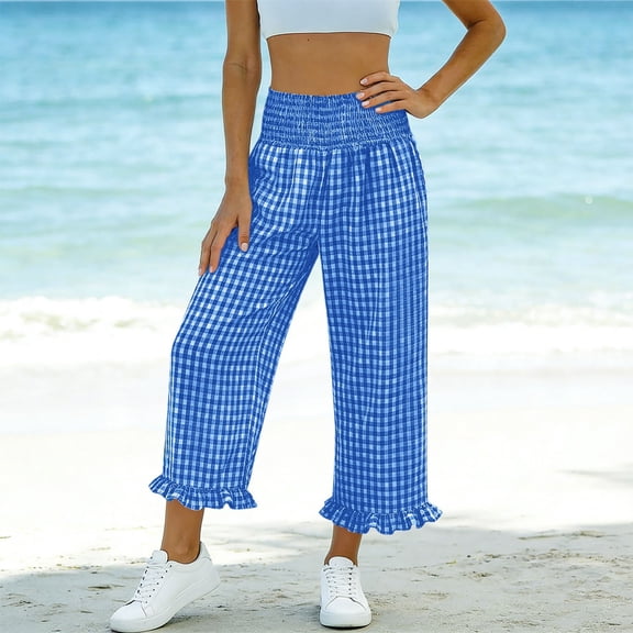 Cagogo Women Wide Leg Capri Pants Elastic Waist Flowy Plaid Casual Trousers for Summer Beach Lounge Wear with Pockets Fashion Clothes, Blue L