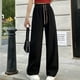 thumbnail image 1 of Pantalones anchos ultrafinos para mujer, pantalones casuales con cinturón de cordón doble, pantalones drapeados adelgazantes con cara sonriente, pantalones rectos, pantalones de fregona, 1 of 6