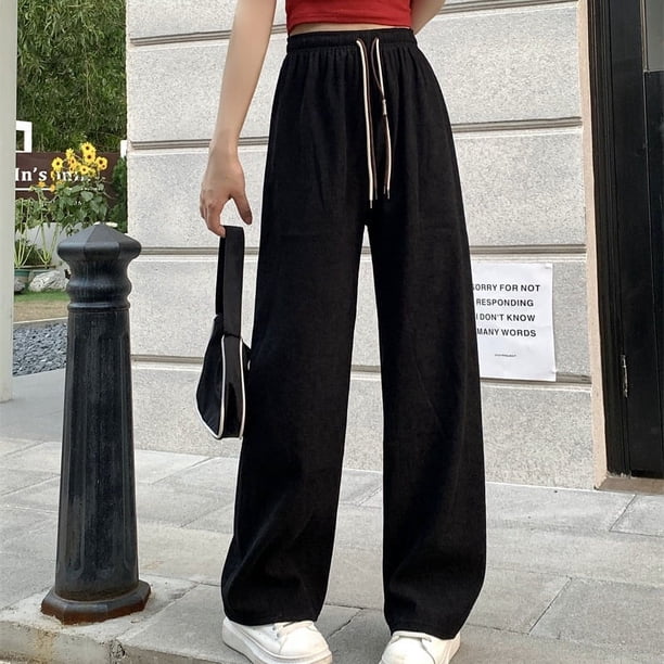 Pantalones anchos ultrafinos para mujer, pantalones casuales con cinturón de cordón doble, pantalones drapeados adelgazantes con cara sonriente, pantalones rectos, pantalones de fregona