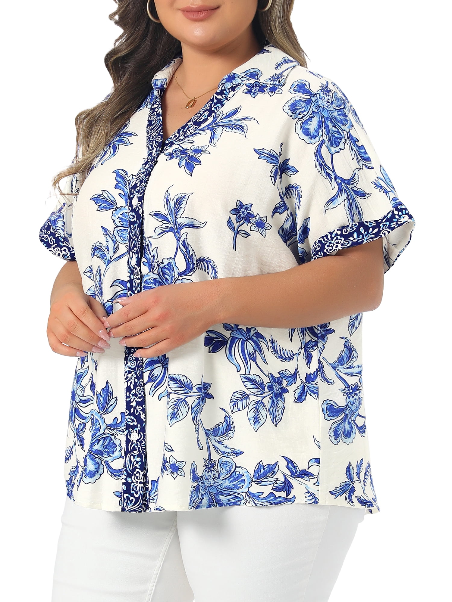 DARING DIVA Women's Plus Button Collared V Neck Short Sleeve Floral Tops 4X Blue