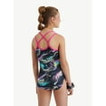 thumbnail image 2 of Justice Swirl Print Strappy Back Gymnastic Leotard for Girls with Scrunchie, Sizes XS-XL, 2 of 4