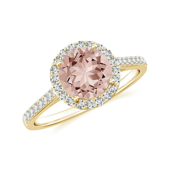 925 Sterling Silver Morganite Halo Ring, Moissanite Engagement Ring in Yellow Gold Plated| Round Birthstone Wedding Ring, Birthday, Anniversary, Wedding Jewelry, Ring Size 5
