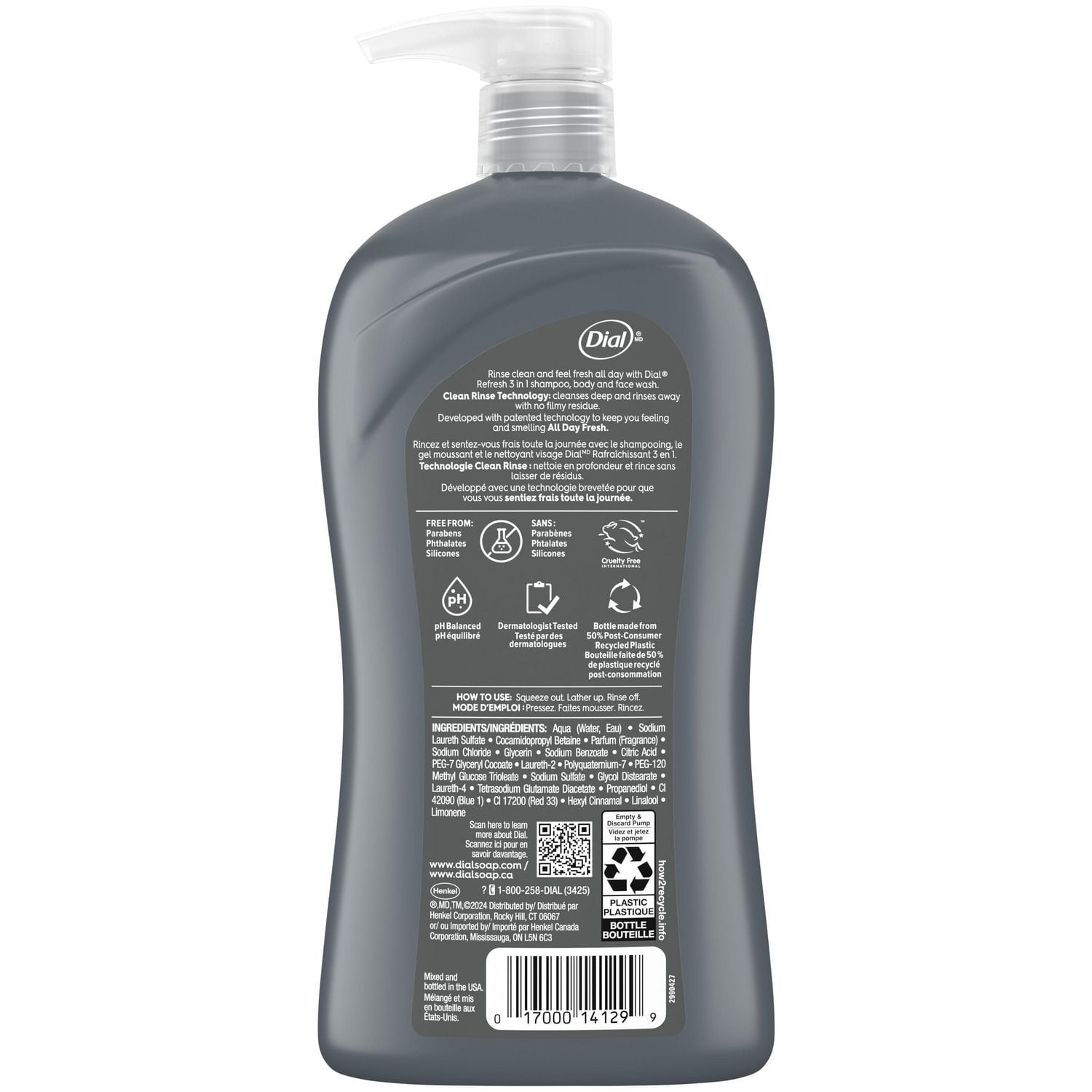Dial Men 3in1, Body, Wash, Hair Wash, Face Wash, Blue Sage Scent, 473ml, Dermatologist Tested, Free from Silicones, Parabens, Phthalates, 1 bottle, 946mL