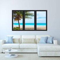 VWAQ - 3D Office Window Ocean Beach Palm Trees Wall Art Decal Sea Decor Sticker Seascape Mural - OW15