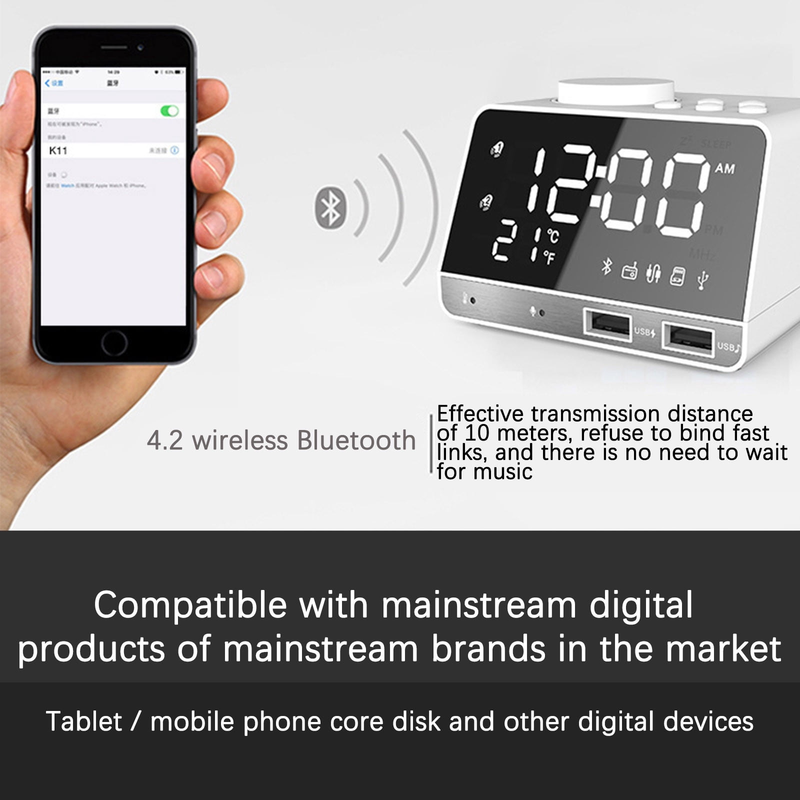 Bluetooth Speaker Alarm Clock Integrated Multi-Function Dual USB Power Supply Radio Home Bedside Card Audio-Home