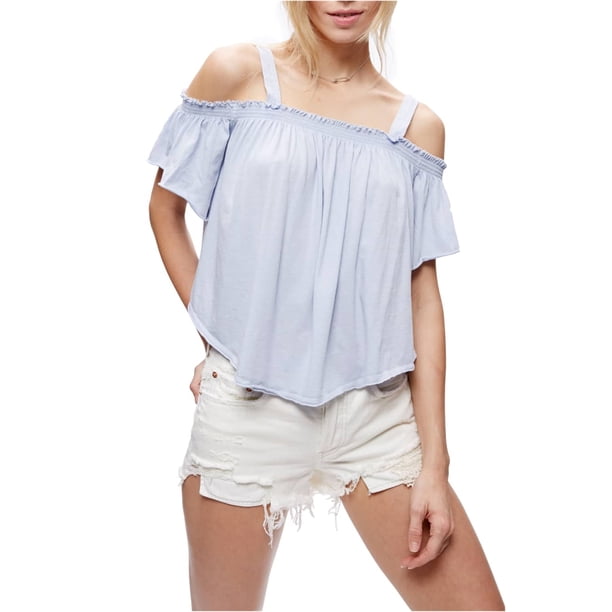 Free People Blusa tejida con hombros descubiertos Darling para mujer, azul, grande Free People Tejer