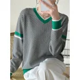 thumbnail image 2 of Sudadera con capucha retro de moda otoño/invierno 2024 para mujer, suéter de punto informal con cuello en V y cuadros con bloques de color cálido, 2 of 5