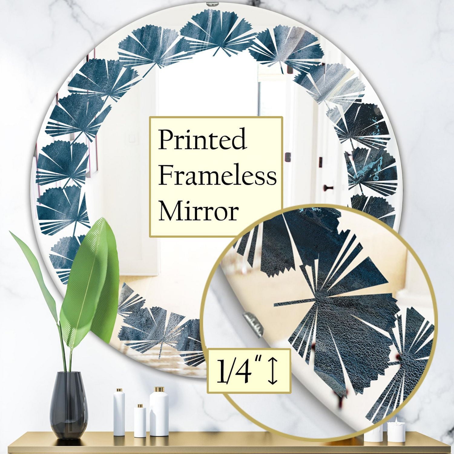 Designart 'Splash Blue Indigo' Modern Round Wall Mirror - Leaves 24x24