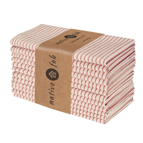 Native Fab Reusable Red Beige Stripe Dinner Cloth Napkin Set of 12 Cotton 18x18