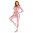 thumbnail image 3 of TiaoBug Womens Oil Shiny Bodystocking Long Sleeve Full Body Jumpsuit Gymnastic Workout Leotard Bodysuit Pink XL, 3 of 5
