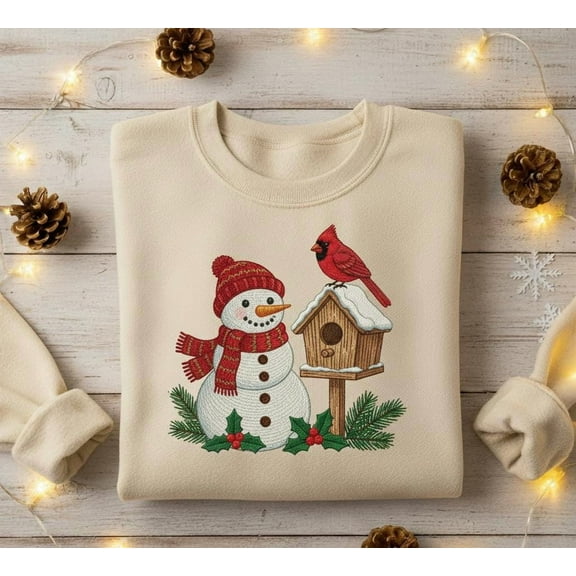 Embroidered Snowman and Cardinal Sweatshirt, Cozy Winter Birdhouse Crewneck, Rustic Christmas Nature Gift