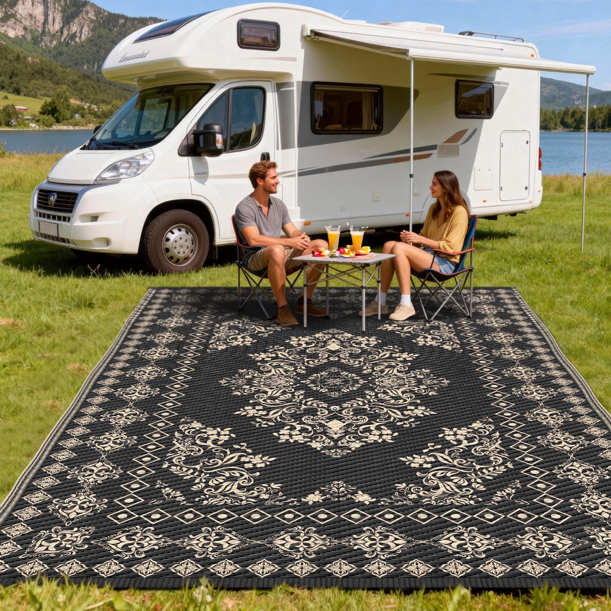 Kohree Outdoor Rug 9'x12' Reversible Waterproof Plastic Straw Rugs with Corner Loops Indoor Outdoor Patio Mat for RV Camping Deck Porch Balcony, Morocco-Black & Brown