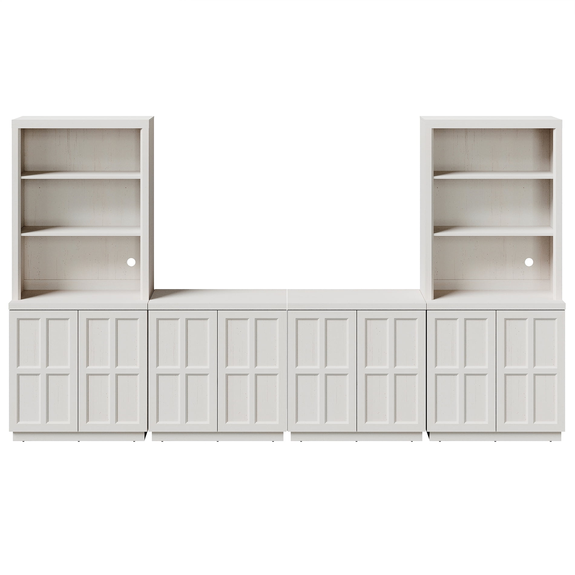 HOMOOI Integrated Bookcase,Boho Freestanding Bookshelf with Open Display Shelves, Adjustable Shelf & Handle-Free Rebound Door, Sturdy Rustic Wood Bookcase for Living Room,Home Office,White